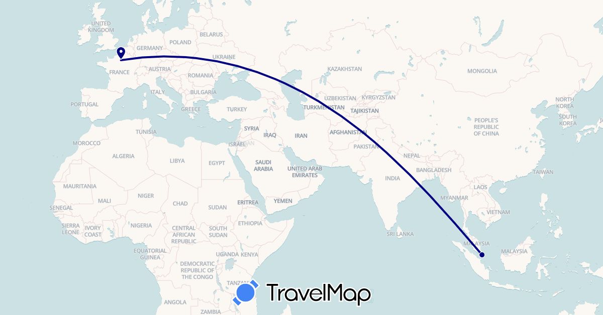 TravelMap itinerary: driving, plane in France, Singapore (Asia, Europe)